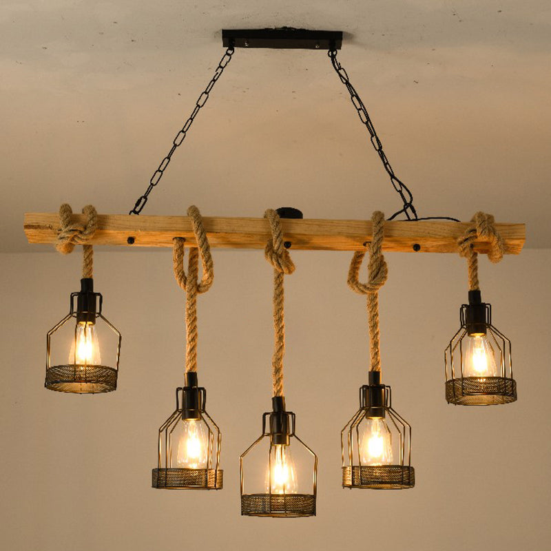 Wrought Iron Black Island Pendant Light in Industrial Vintage Style Hemp Rope Ceiling Light for Coffee Shop