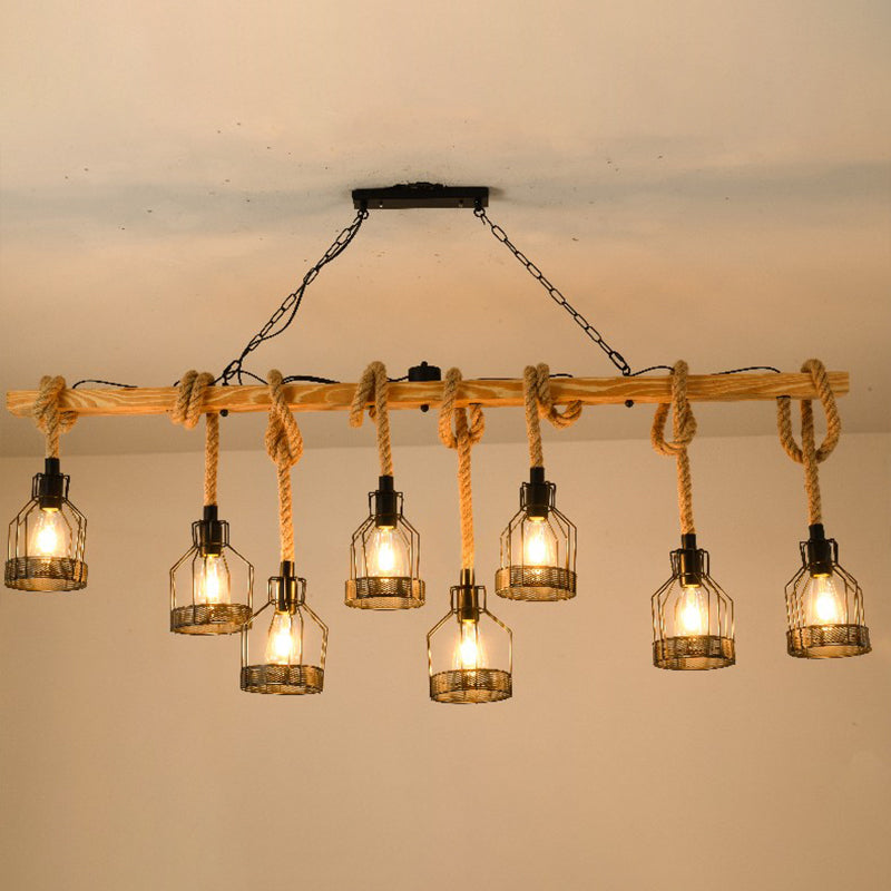 Wrought Iron Black Island Pendant Light in Industrial Vintage Style Hemp Rope Ceiling Light for Coffee Shop