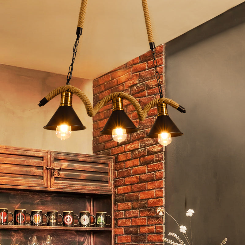 Wrought Iron Black Island Pendant Light in Industrial Vintage Style Hemp Rope Ceiling Light for Coffee Shop