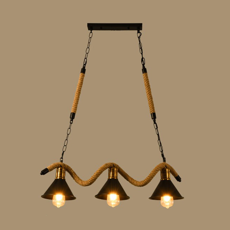 Schmiedeeisen schwarzes Insel Anhänger Licht im industriellen Vintage -Stil Hanfseildecke für Café