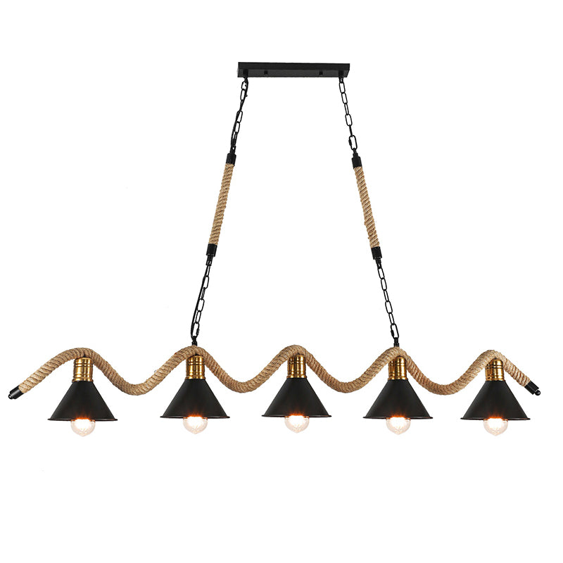 Wrought Iron Black Island Pendant Light in Industrial Vintage Style Hemp Rope Ceiling Light for Coffee Shop