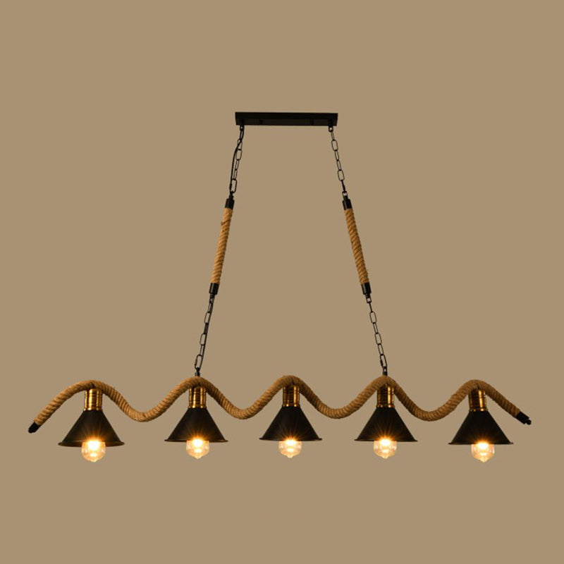 Wrought Iron Black Island Pendant Light in Industrial Vintage Style Hemp Rope Ceiling Light for Coffee Shop