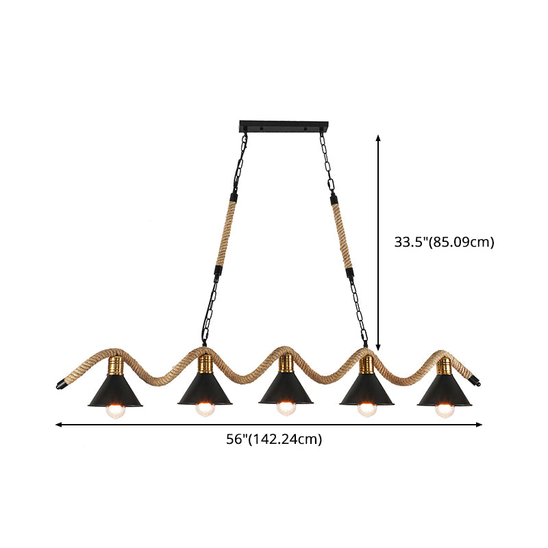 Wrought Iron Black Island Pendant Light in Industrial Vintage Style Hemp Rope Ceiling Light for Coffee Shop