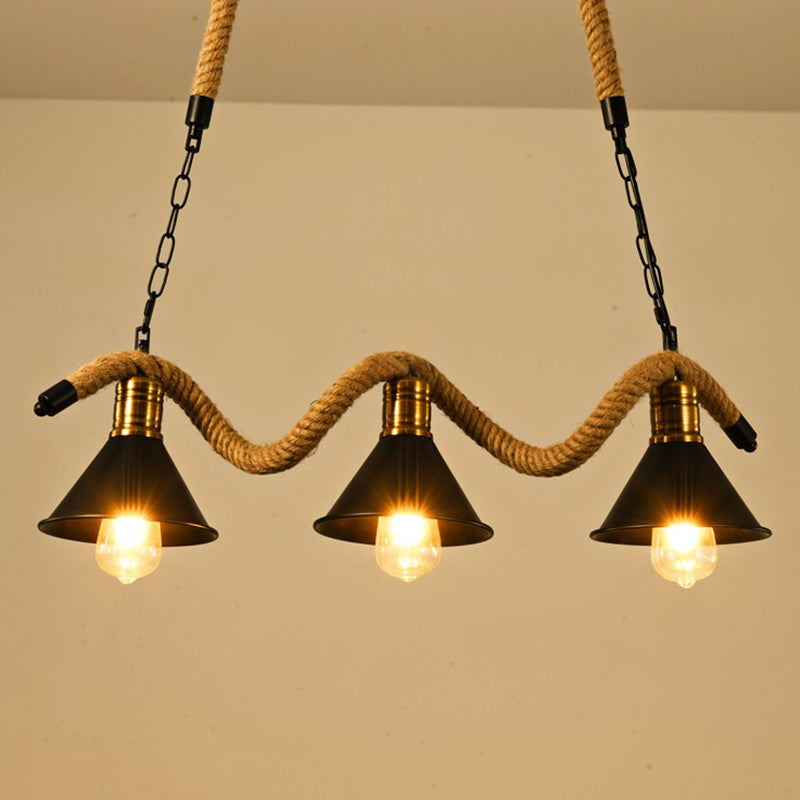 Wrought Iron Black Island Pendant Light in Industrial Vintage Style Hemp Rope Ceiling Light for Coffee Shop