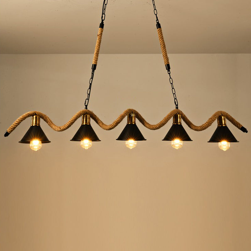 Wrought Iron Black Island Pendant Light in Industrial Vintage Style Hemp Rope Ceiling Light for Coffee Shop