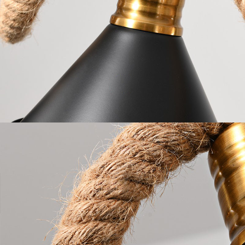 Wrought Iron Black Island Pendant Light in Industrial Vintage Style Hemp Rope Ceiling Light for Coffee Shop