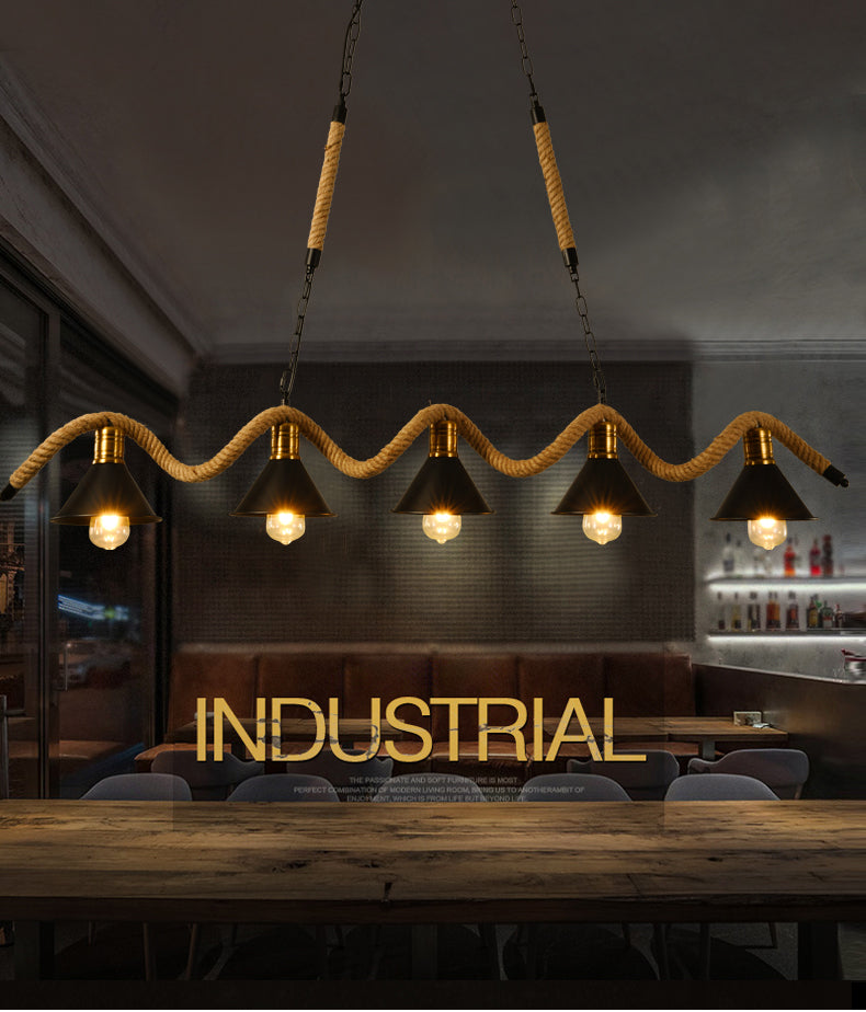 Wrought Iron Black Island Pendant Light in Industrial Vintage Style Hemp Rope Ceiling Light for Coffee Shop