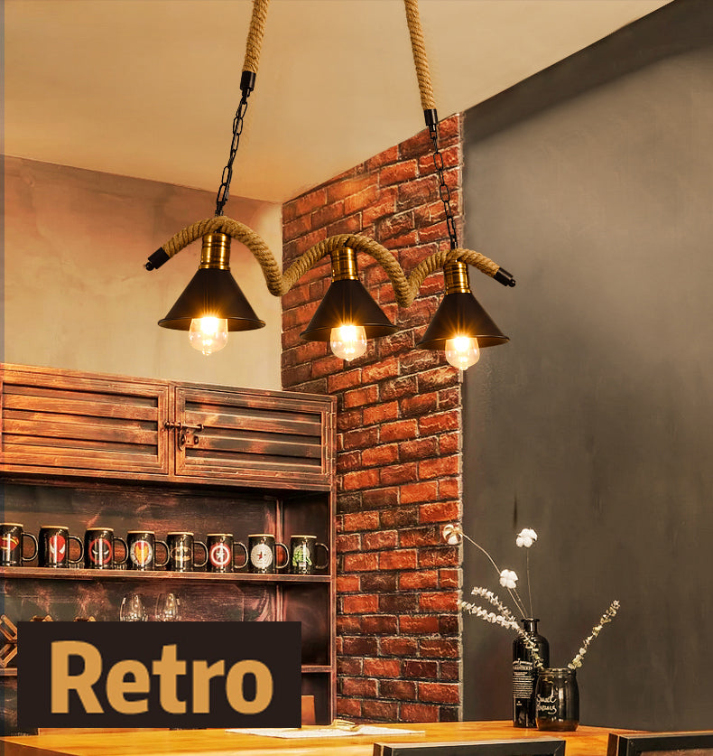 Wrought Iron Black Island Pendant Light in Industrial Vintage Style Hemp Rope Ceiling Light for Coffee Shop