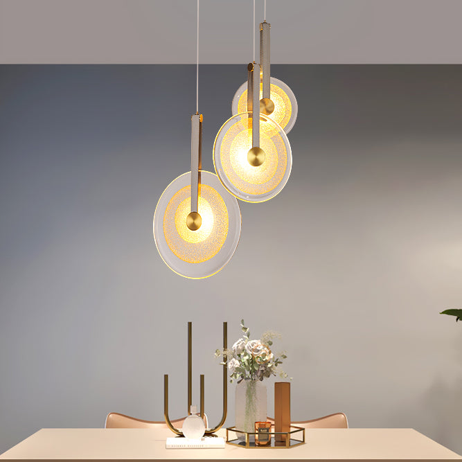 Messing schijf suspensie licht postmoderne getextureerde glazen led-droplamp met lederen band