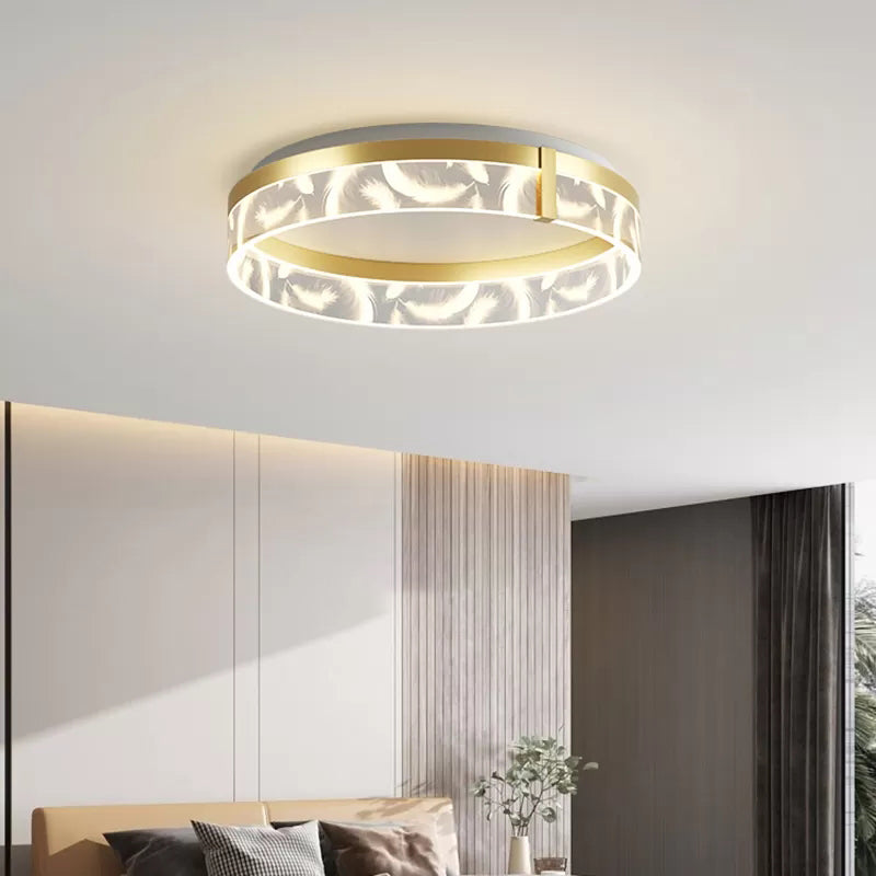Circular Acrylic Feather LED Flush Mount in Modern Romantic Style Wrought Iron Ceiling Light for Dining Room