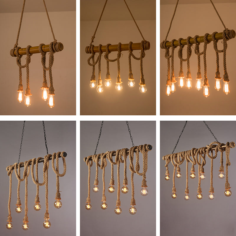 Brown Bamboo Island Pendant Light in Industrial Retro Style Hemp Rope Ceiling Light for Restaurant