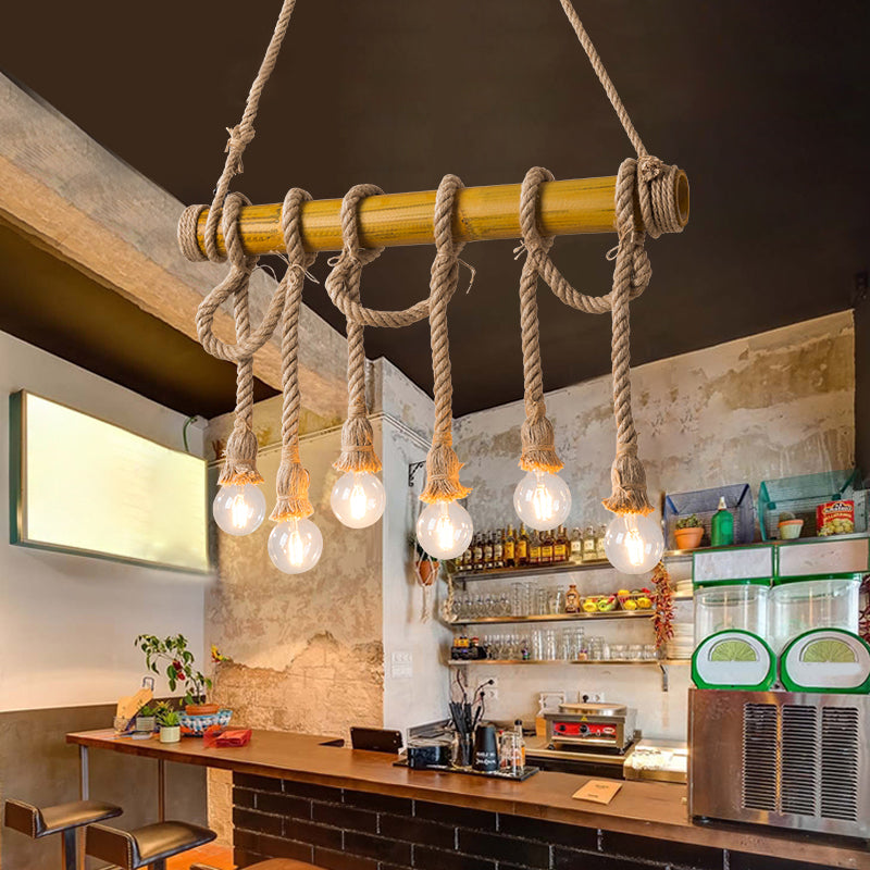 Brown Bamboo Island Pendant Light in Industrial Retro Style Hemp Rope Ceiling Light for Restaurant