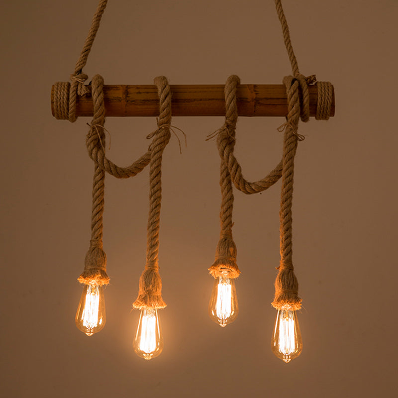 Brown Bamboo Island Pendant Light in Industrial Retro Style Hemp Rope Ceiling Light for Restaurant