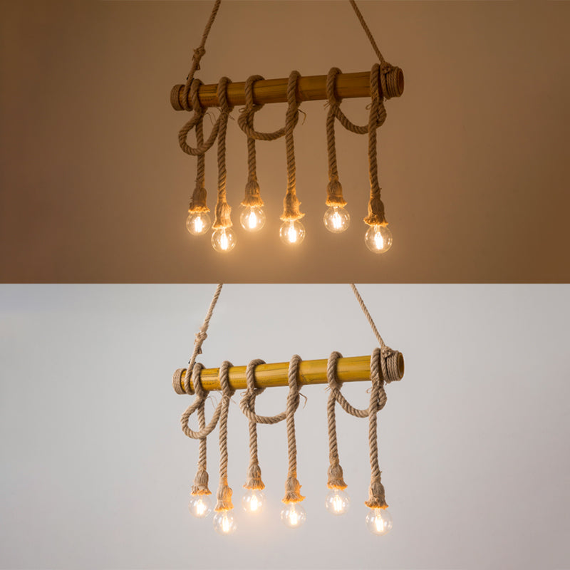 Brown Bamboo Island Pendant Light in Industrial Retro Style Hemp Rope Ceiling Light for Restaurant