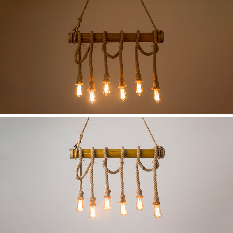 Brown Bamboo Island Pendant Light in Industrial Retro Style Hemp Rope Ceiling Light for Restaurant