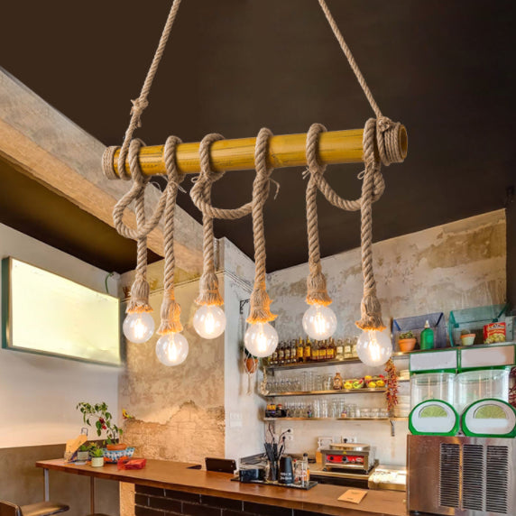 Brown Bamboo Island Pendant Light in Industrial Retro Style Hemp Rope Ceiling Light for Restaurant