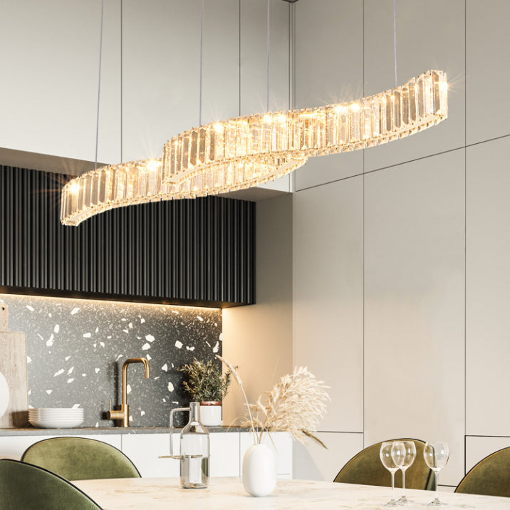 Iluminación de la isla de cristal lineal de 2 luces Luz de techo de oro contemporáneo para comedor