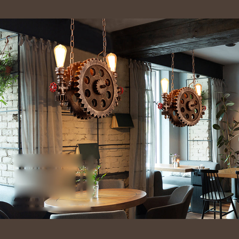2-Light Chocolate Bronze Metal Ceiling Hung Fixtures Vintage Cog Top Shape Pendant Lighting