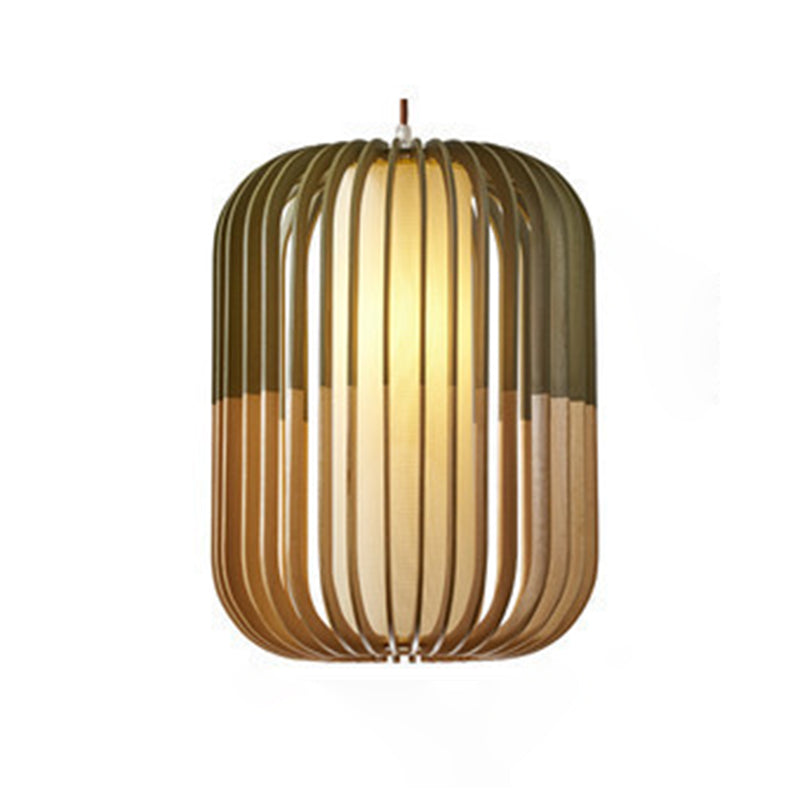 Green Color-Block Lantern Pendant Lamp Modern 1 Head Wooden Hanging Light for Dining Room