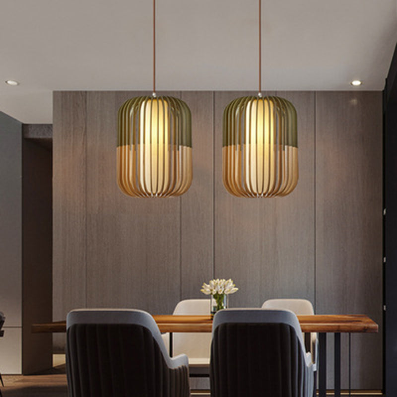 Green Color-Block Lantern Pendant Lamp Modern 1 Head Wooden Hanging Light for Dining Room