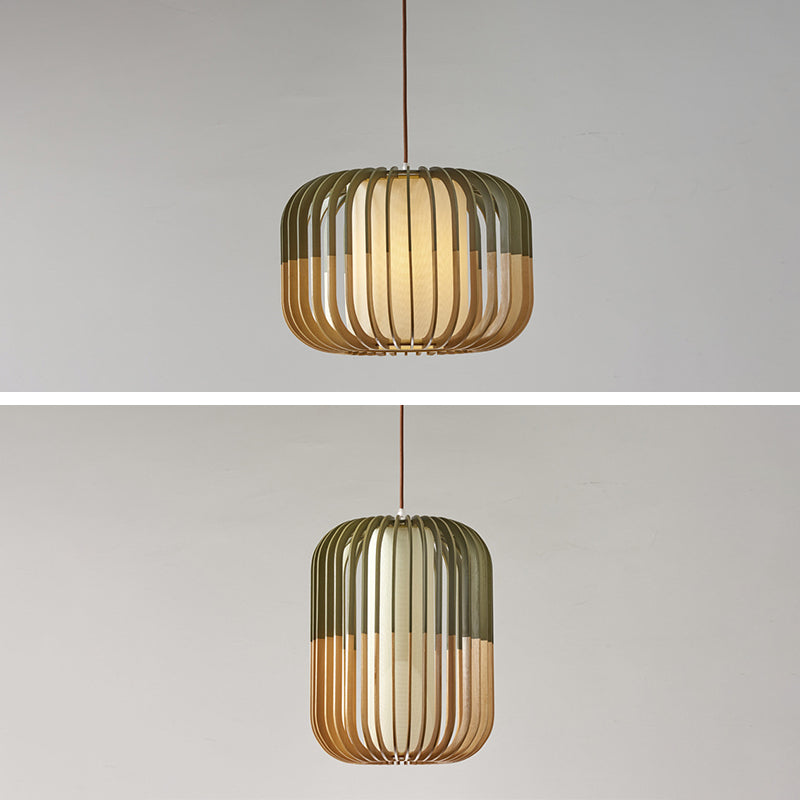 Green Color-Block Lantern Pendant Lamp Modern 1 Head Wooden Hanging Light for Dining Room