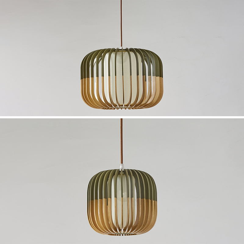 Green Color-Block Lantern Pendant Lamp Modern 1 Head Wooden Hanging Light for Dining Room