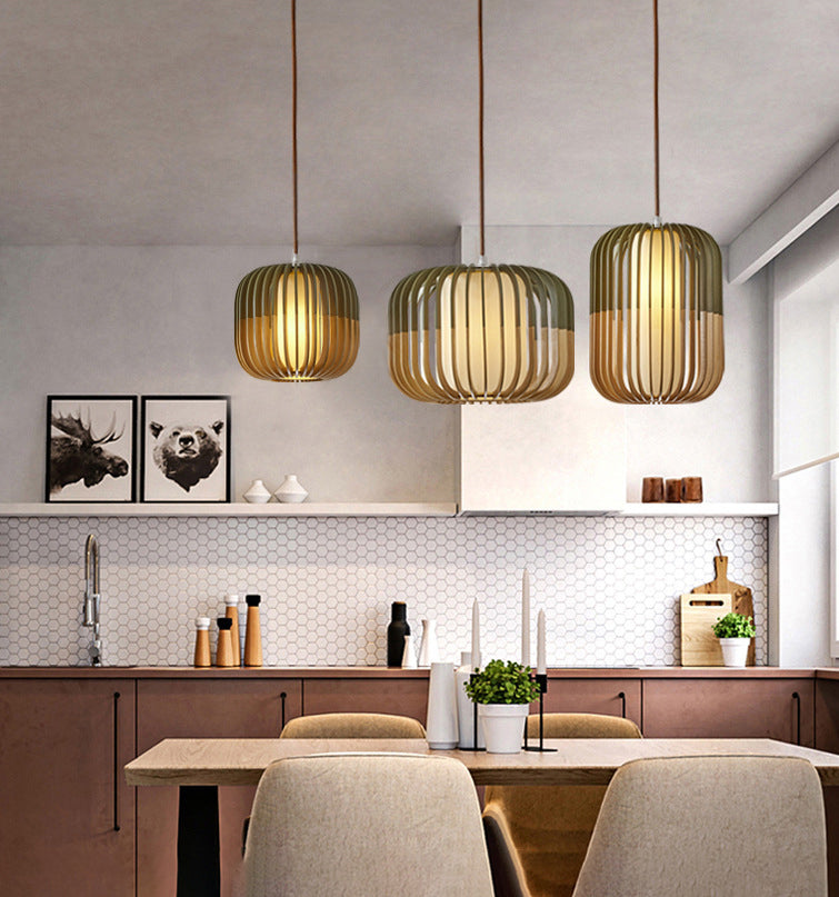 Green Color-Block Lantern Pendant Lamp Modern 1 Head Wooden Hanging Light for Dining Room