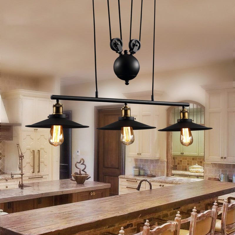 Wrought Iron Black Island Pendant Light in Industrial Classic Style 3-Light Adjustable Pendant Light for Dining Room