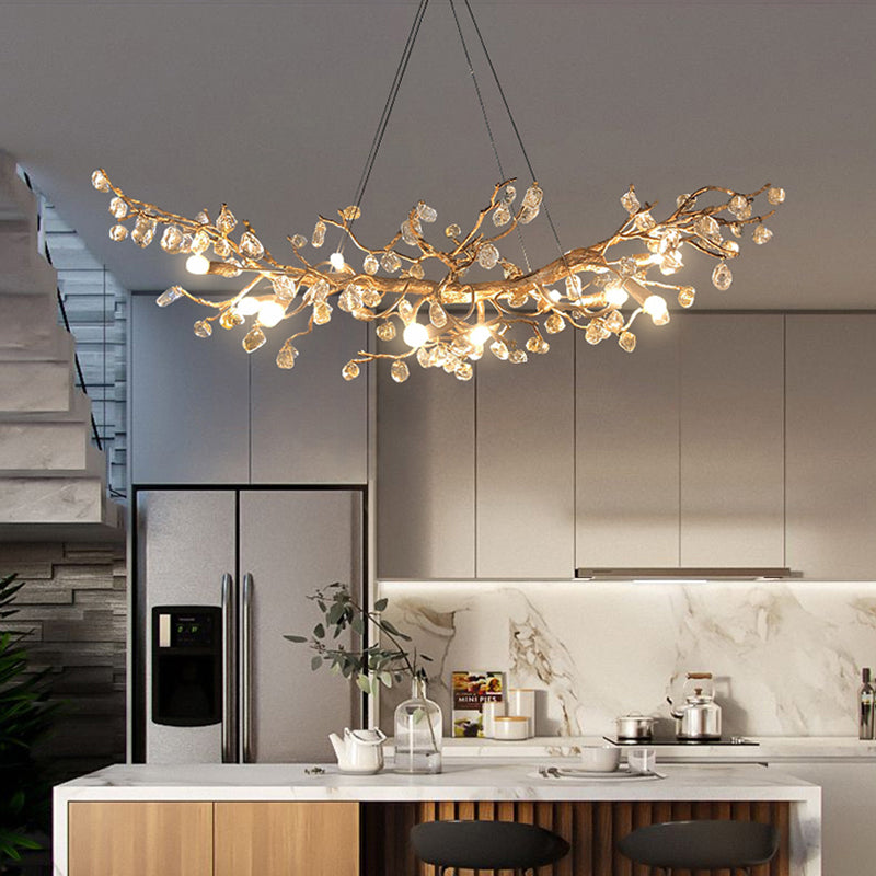 Brass Crystal Flower Contemporary Style Suspension Pendant Light Linear Island Pendants