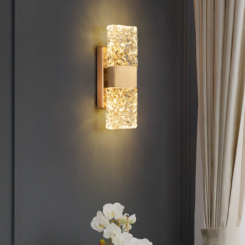 Rectangular Ripple Crystal Indoor Wall Light Postmodern Style Lighting Sconce in Electroplated Gold for Living Room