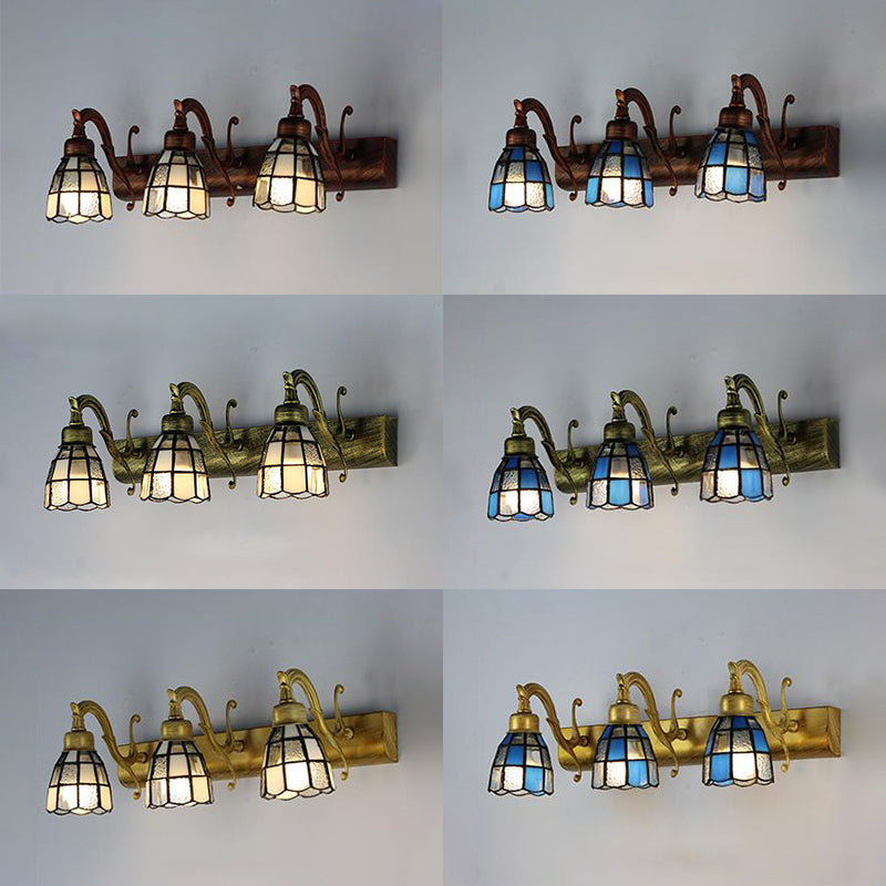 Stained Glass Dome Wall Lighting with Square/Blue Square Pattern and Linear Backplate Vintage Retro 3 Lights Sconce Lighting in Copper/Antique Brass/Brass