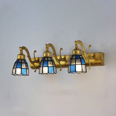 Stained Glass Dome Wall Lighting with Square/Blue Square Pattern and Linear Backplate Vintage Retro 3 Lights Sconce Lighting in Copper/Antique Brass/Brass