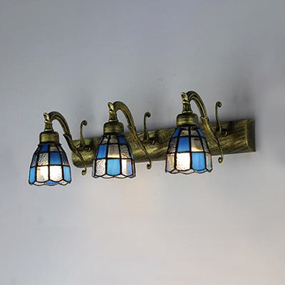 Stained Glass Dome Wall Lighting with Square/Blue Square Pattern and Linear Backplate Vintage Retro 3 Lights Sconce Lighting in Copper/Antique Brass/Brass