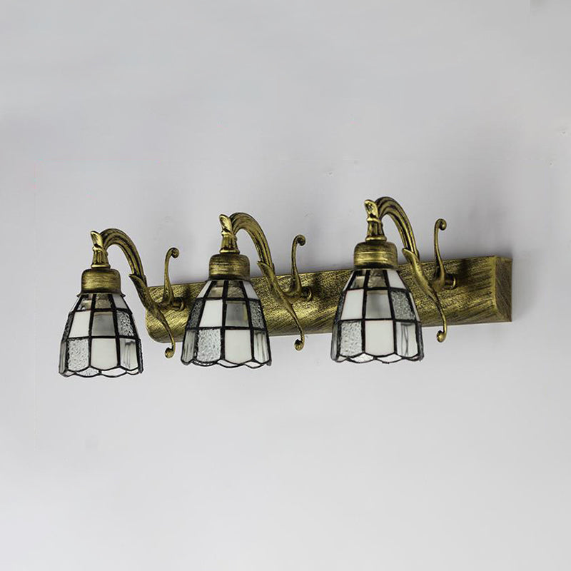 Stained Glass Dome Wall Lighting with Square/Blue Square Pattern and Linear Backplate Vintage Retro 3 Lights Sconce Lighting in Copper/Antique Brass/Brass