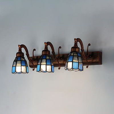 Stained Glass Dome Wall Lighting with Square/Blue Square Pattern and Linear Backplate Vintage Retro 3 Lights Sconce Lighting in Copper/Antique Brass/Brass