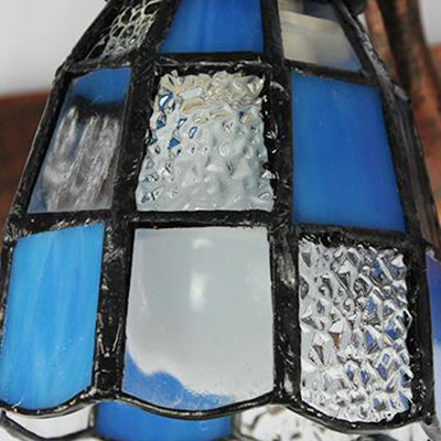 Stained Glass Dome Wall Lighting with Square/Blue Square Pattern and Linear Backplate Vintage Retro 3 Lights Sconce Lighting in Copper/Antique Brass/Brass