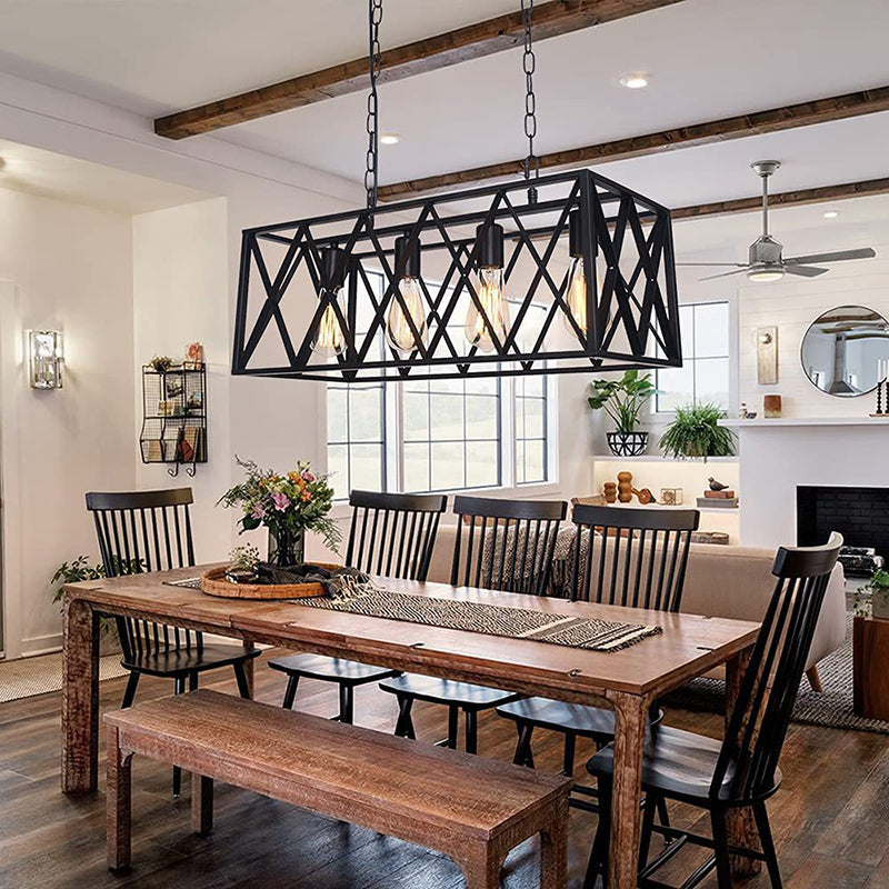 Luz colgante de isla rectangular negra en estilo creativo industrial Luz de techo de hierro forjado para comedor