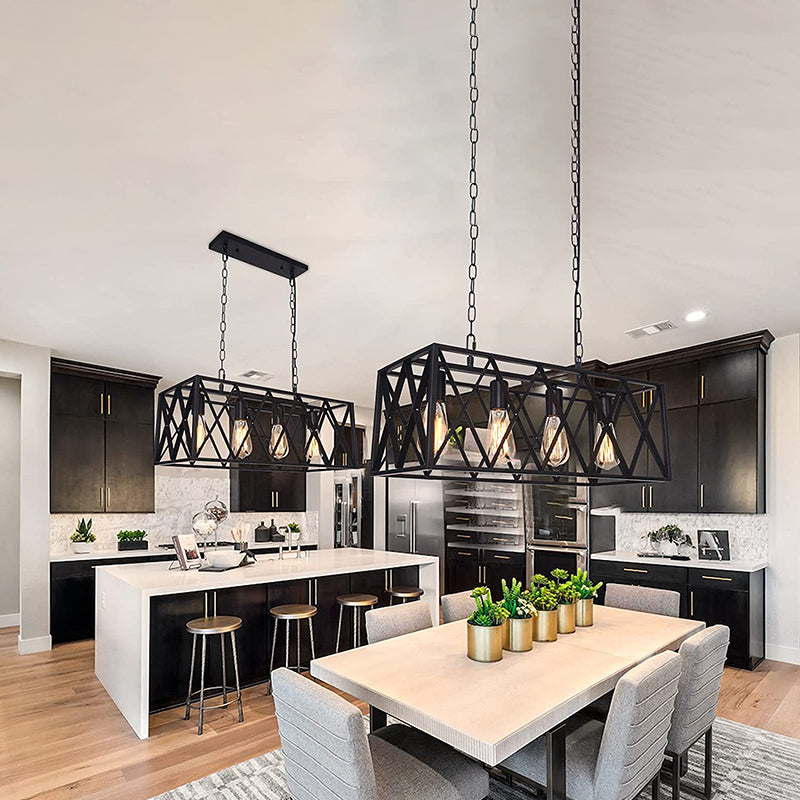 Luz colgante de isla rectangular negra en estilo creativo industrial Luz de techo de hierro forjado para comedor