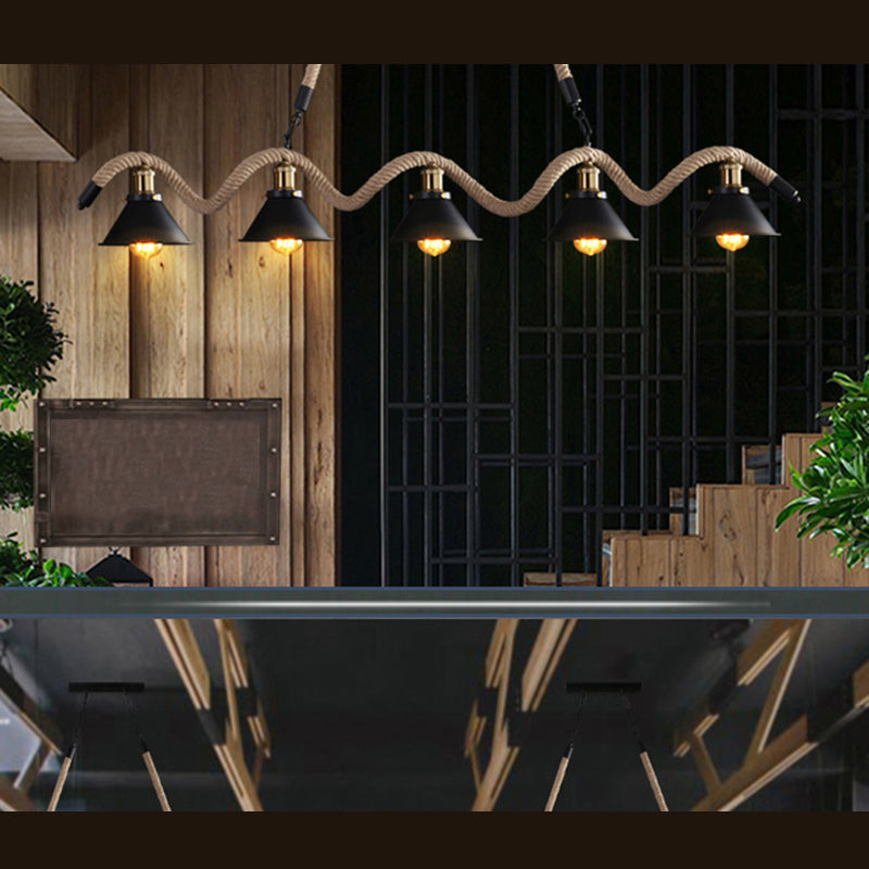 Black Exposed Bulb Island Pendant Light in Industrial Retro Style Wrought Iron Ceiling Light with Hemp Rope