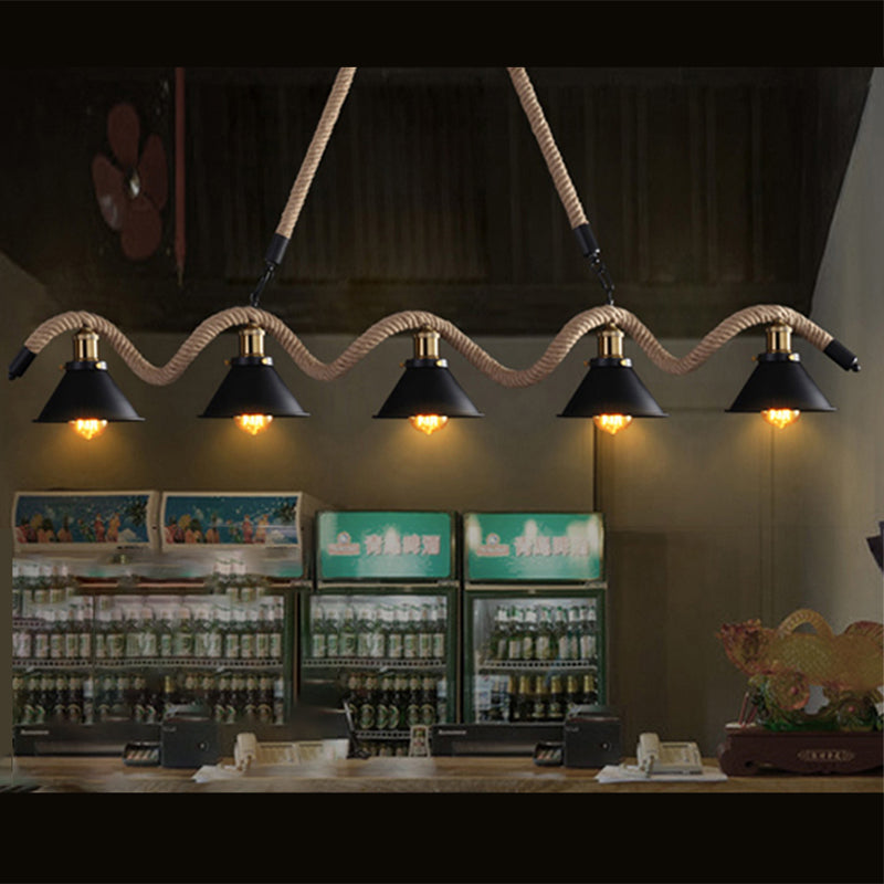 Black Exposed Bulb Island Penderant Light in Industrial Retro Style Stiil Light Light con corda di canapa