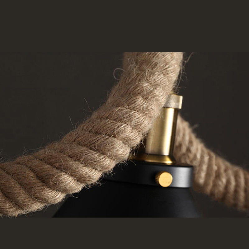 Black Exposed Bulb Island Pendant Light in Industrial Retro Style Wrought Iron Ceiling Light with Hemp Rope