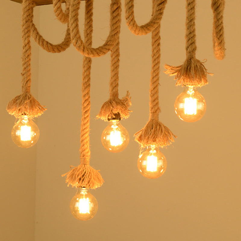 Bare Bulb Hemp Rope Island Pendant Light in Industrial Classic Style Wooden Ceiling Light for Restaurant