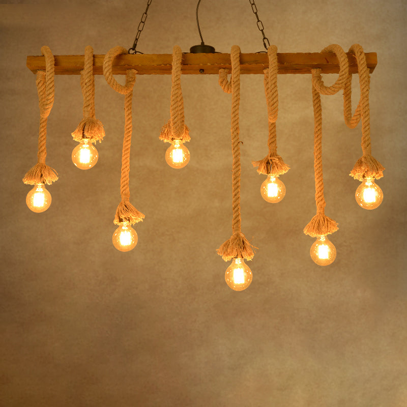 Bare Bulb Hemp Rope Island Pendant Light in Industrial Classic Style Wooden Ceiling Light for Restaurant