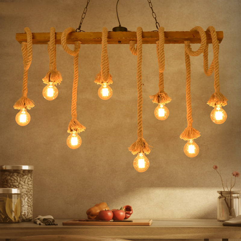 Bare Bulb Hemp Rope Island Pendant Light in Industrial Classic Style Wooden Ceiling Light for Restaurant