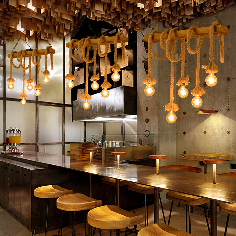 Bare Bulb Hemp Rope Island Pendant Light in Industrial Classic Style Wooden Ceiling Light for Restaurant