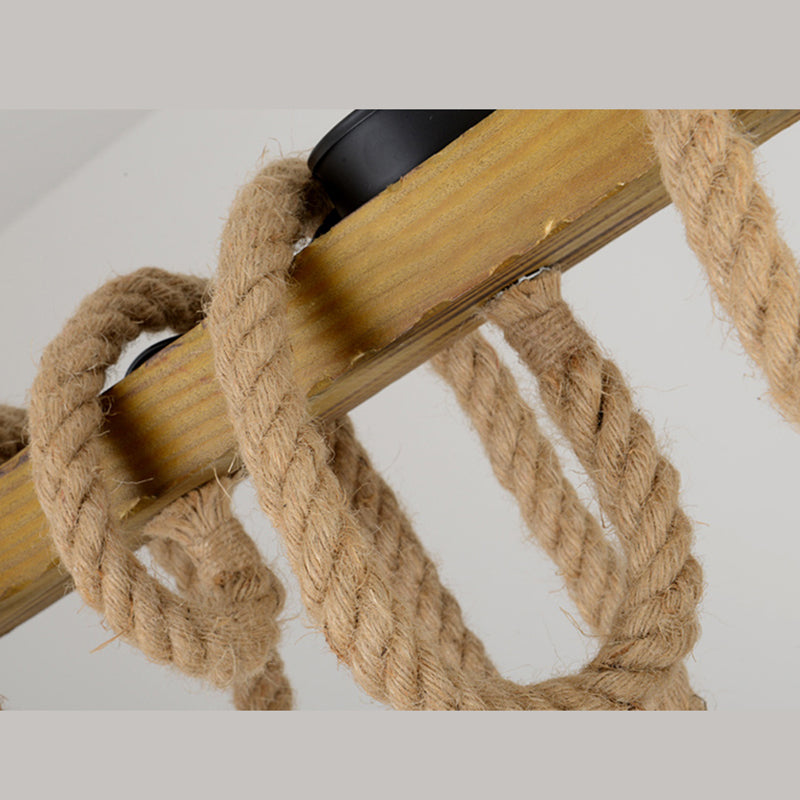 Bare Bulb Hemp Rope Island Pendant Light in Industrial Classic Style Wooden Ceiling Light for Restaurant