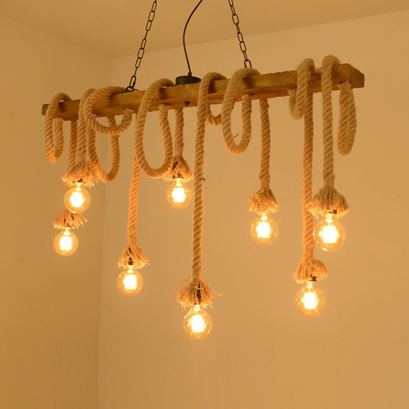 Bare Bulb Hemp Rope Island Pendant Light in Industrial Classic Style Wooden Ceiling Light for Restaurant