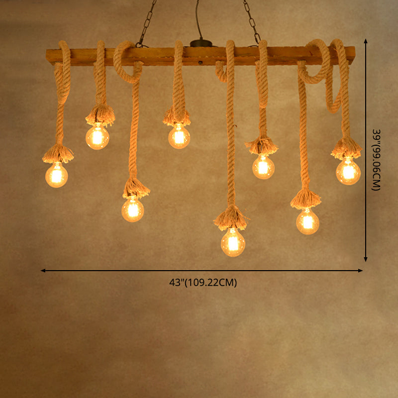 Bare Bulb Hemp Rope Island Pendant Light in Industrial Classic Style Wooden Ceiling Light for Restaurant