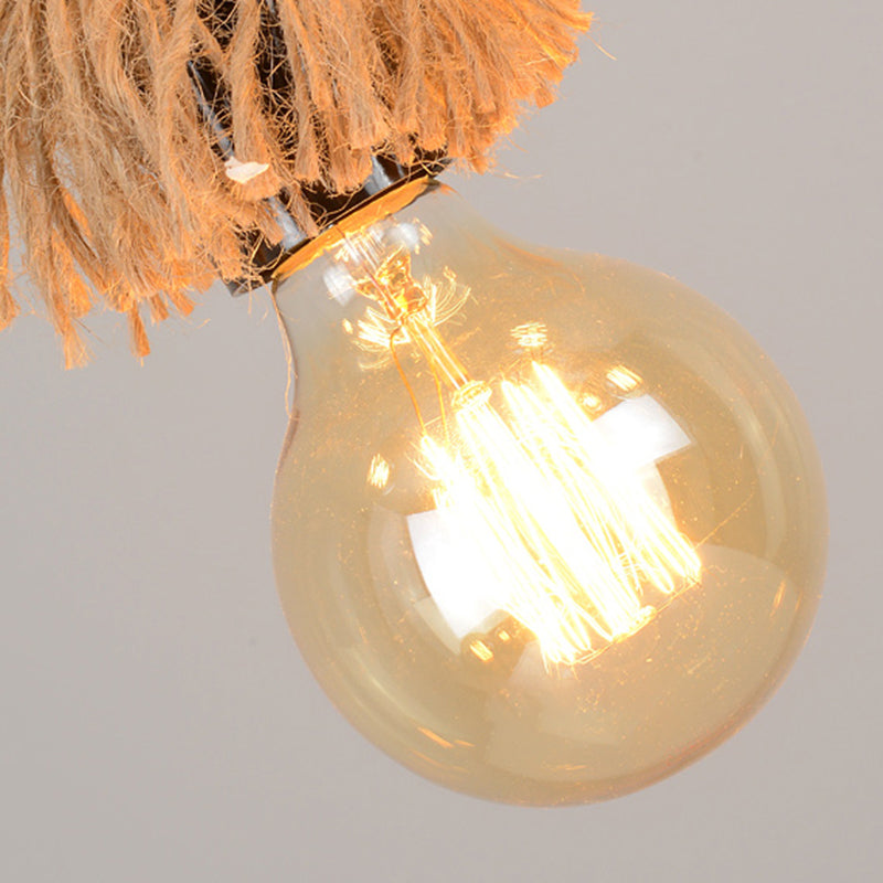 Bare Bulb Hemp Rope Island Pendant Light in Industrial Classic Style Wooden Ceiling Light for Restaurant