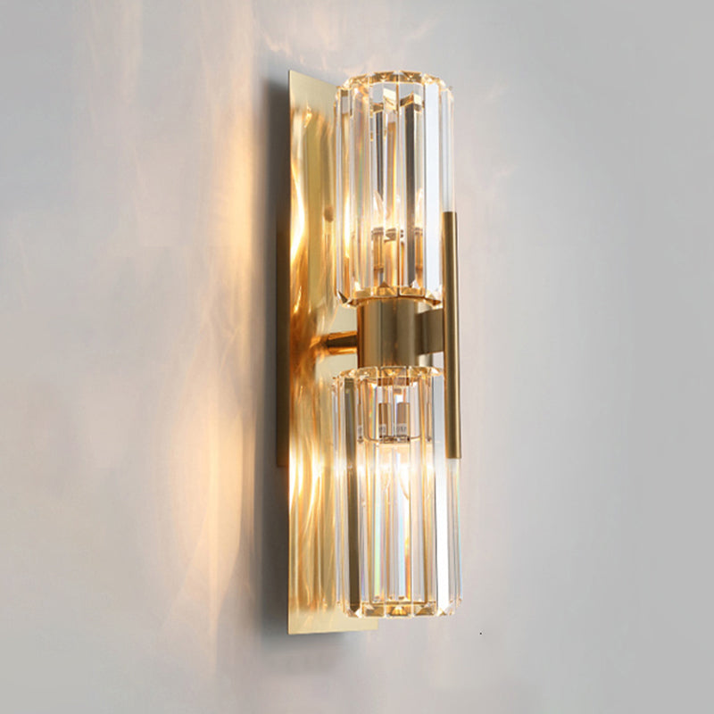 2-Lights Cylindrical Crystal Sconce Lights Electroplated Gold Postmodern Wall Lamp for Living Room